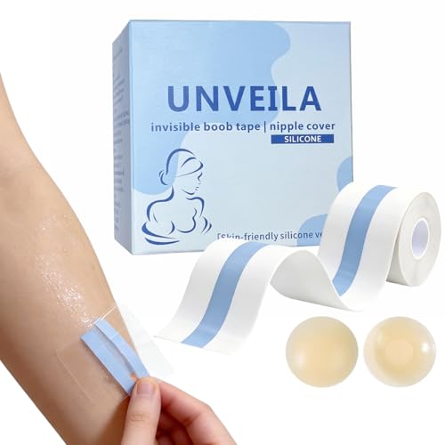 UNVEILA Invisible Clear Waterproof Boob Tape Puch Up Soft Breast Lift Tape Body Bra Tape for Large Breasts with a Pair Reusable Washable Silicone Nipple Cover Suitable for A-G for Strapless Dress