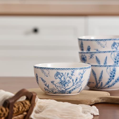 Bico Blue Garden Toile De Jouy Cereal Bowls Set of 4, 26 oz Deep Ceramic Soup Bowls for Cereal, Salad, Noodles, Kitchen, Microwave and Dishwasher Safe, Gift for Housewarming and Thanksgiving by Bico - Used condition - Image 5