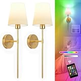 Battery Operated Wall Sconces Set of Two, Gold Wireless Wall Lights with 5200mAh Dimmable Bulbs and Remote, 12 Color Rechargeable Wall Sconce for Bedroom Living Room Hallway, 24 Inch