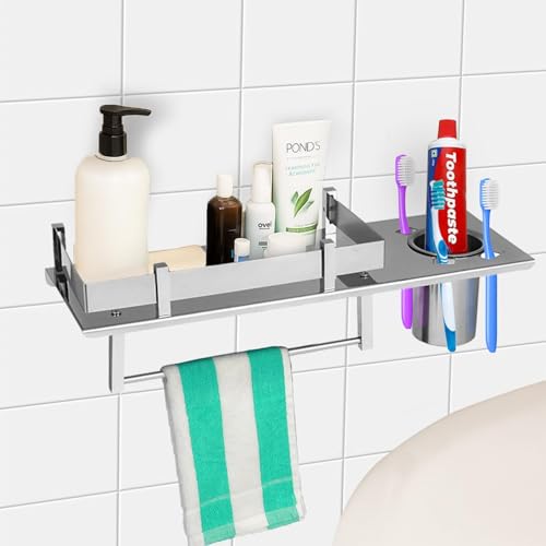Image of Zureni 3-in-1 Shelf Rack for Bathroom 304 Grade Stainless Steel Towel Hanger Multipurpose Toothbrush Holder Wall Mount Accessories Storage Stand Home Washroom (1pc, 24 inch)
