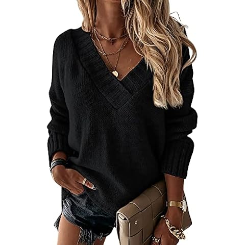 Esobo Women Oversized Sweaters V Neck Long Sleeve Knit Chunky Casual 2024 Fall Pullover Tops(Black,Medium) Cover