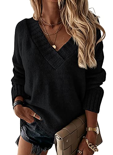 Image of Womens Loose Sweaters Sexy V Neck Long Sleeve Solid Knitted Jumper Pullover Sweatshirt Tops