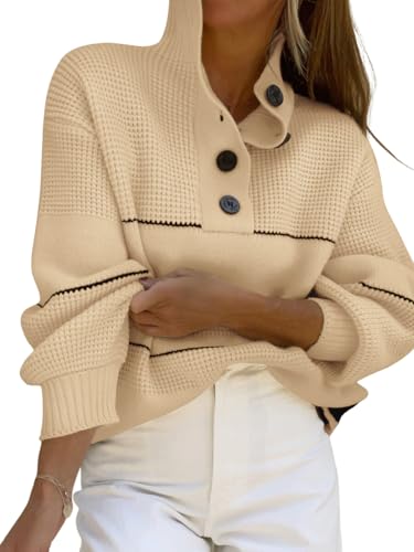 Image of chouyatou Women's Slouchy Waffle Knit Sweater 1 /2 Button Polo Collared Pullover Striped Sweater Tops