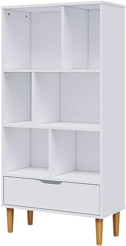 Panana Freestanding Bookcase, Bookshelf with Drawers Display Unit Storage Organiser Cabinet Shelving Shelves Rack Unit Wooden Leg Living Room Office Furniture White (Large)