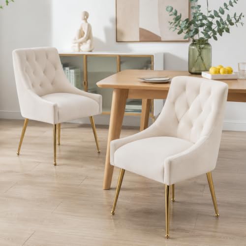 Dining Chair Set of 2,Modern Velvet Dining Chairs with Gold Legs,Elegant Tufted Accent Chairs for Reception, Living Room or Study Room(Beige)