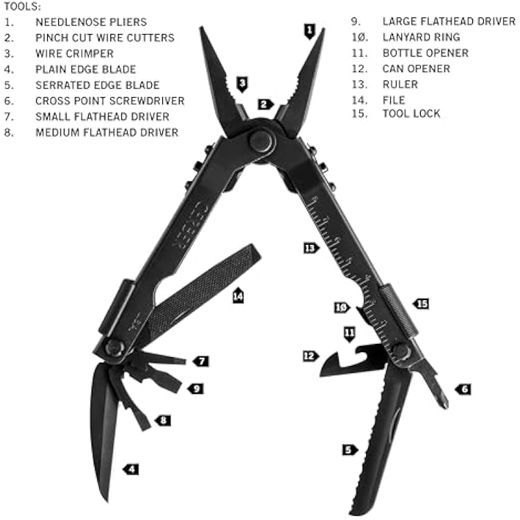 Gerber Gear Multi-Plier 600 - 14-in-1 Multitool with Sheath, Needlenose Pliers, Screwdriver, Serrated Knife, Wire Crimper, Bottle Opener, Can Opener & More - Black with Sheath