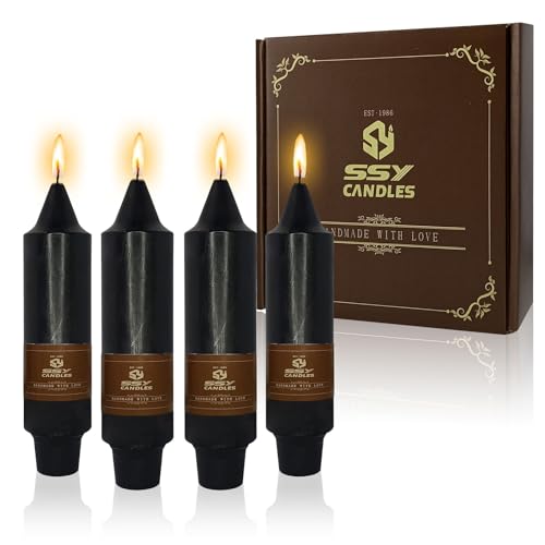 NJAO HOO Black Short Taper Candle 5 Inch Halloween Decoration Candlesticks Unscented Dripless Tapered Candle Set for Home Decor Dinner Candles Party, 4 Pack