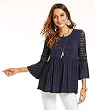 SUZANNE BETRO Women's Knit Lace 3/4 Bell Ruffle Sleeve Empire Waist Keyhole Back Tunic Navy