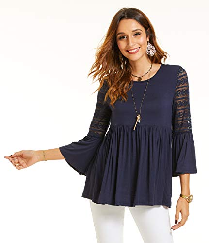 SUZANNE BETRO Women's Knit Lace 3/4 Bell Ruffle Sleeve Empire Waist Keyhole Back Tunic Navy