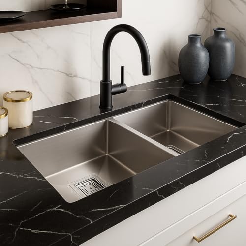 Image of ARQUIN Double Bowl Kitchen Sink 45x20x10 Inch Handmade MATT Finish Premimum Stainless Steel Sink Undermount | Topmount Including Coupling, Washing Basket, Pipe
