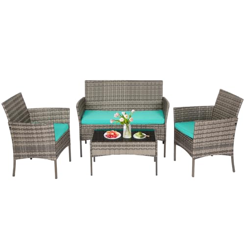 Image of FDW 4-Piece Patio Furniture Set | Gray & Blue | Outdoor Wicker Furniture
