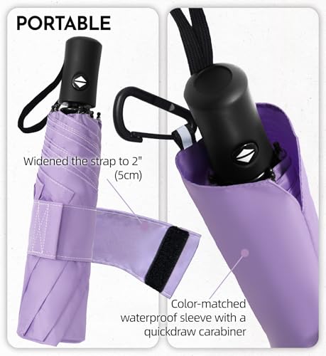 Image of LILAC Umbrella Small Stable Windproof 110 cm Pocket Umbrella Open-Close Compact Travel Umbrella with Fastener & Carabiner, Lightweight Folding Umbrella for Men and Women