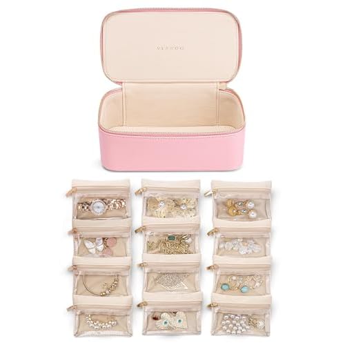 Vlando Travel Jewellery Case,PU Leather Jewellery Organiser with 12 Velvet Jewellery Pouch, Jewellery Box for Necklace,Ring, Gifts for Women, Strawberry Pink-L C.12 Pcs-strawberry Pink