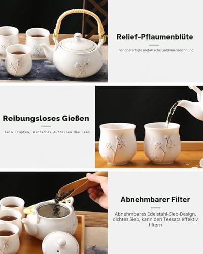 Foto von DUJUST japanisches Teeservice, weißes Porzellan-Teeservice, süßes asiatisches Teeservice für Teeliebhaber (Pflaume in Gold)