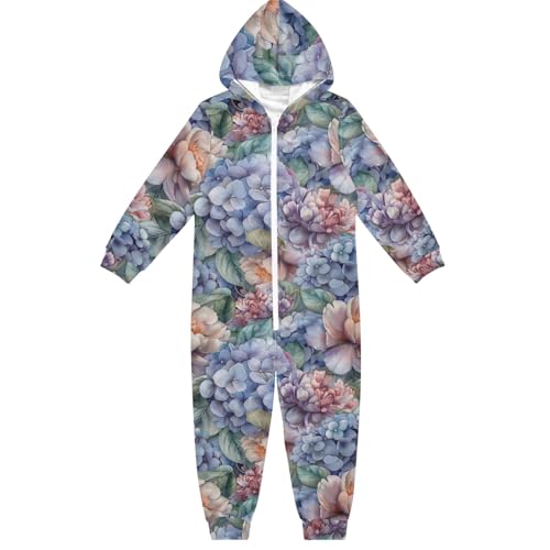 CHIFIGNO Mono unisex de una pieza con capucha para niños, divertido disfraz de cosplay para niños y niñas, Peonías y hortensias de acuarela, 7-8 años