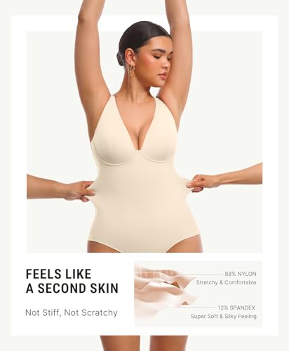 Image of FeelinGirl Shapewear Bodysuits for Women Tummy Control Deep V Neck Body Suits with Adjustable Straps Tops