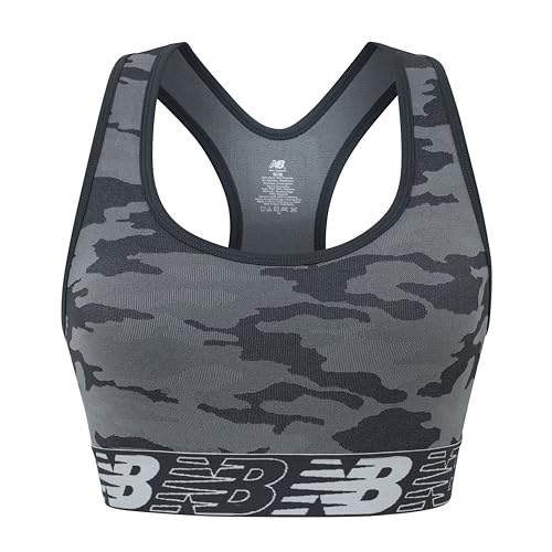 New Balance Womens Seamless Wirefree, Racerback Sports Bra with Removable Pads, Bottom Band with Logo, Camo Magnet, Medium