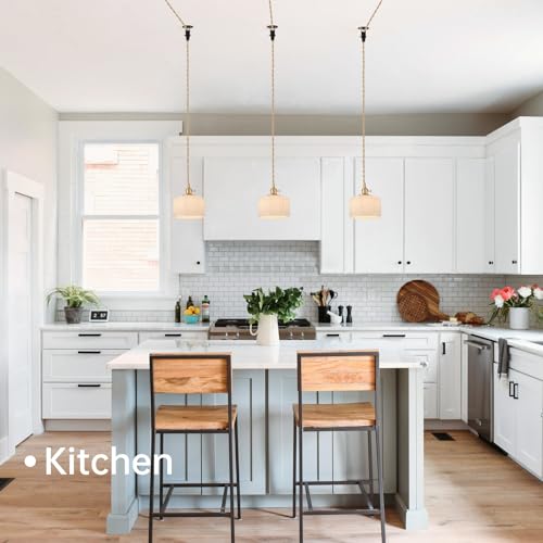Image of Shenmoyl Plug in Pendant Light Hanging Light Fixture Corded On /Off Switch Brass Pendant Light with White Striped Glass Lampshade for Bedroom Living Room Kitchen Island
