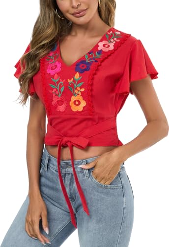 Women's V Neck Tie Front Crop Tops Summer Ruffle Short Sleeve Boho Peasant Embroidered Top Shirt Blouse4
