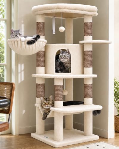 Globlazer Corner Cat Tree 51in Curved Series Modern Cat Tower for Indoor Cats with Hammock 7 Sisal Scratching Posts Large Fan-Shaped Platform for Large Cats Cat Condo & Hanging Basket C51 Beige