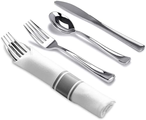 Nicole Fantini's LILLIAN Pre-Rolled Silver-polished 40 Pieces Extra Heavy Weight Full Size Cutlery Wrapped in & Linen-Like Napkin for individual guests for Elegant Parties