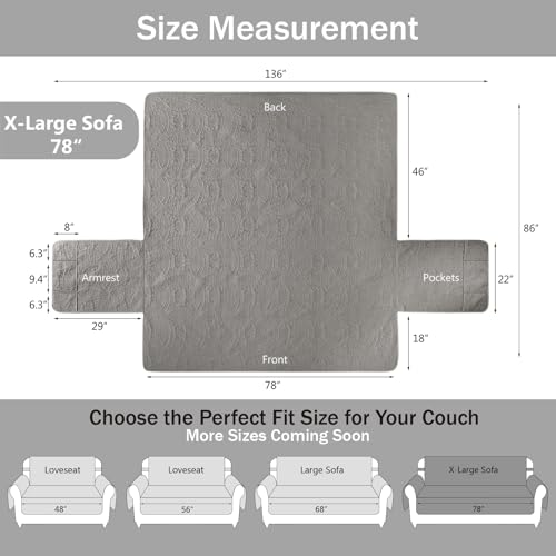 Image of Soft Quilted Couch Cover with Pockets for Extra-Large Sofa, Anti-Slip Sofa Covers Washable for 3 Cushion Pet Friendly, Oversized Sofa Cover Water-Repellent (X-Large Sofa 78 inch, Cool Gray)
