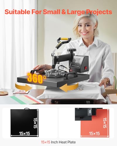 VEVOR 2 in 1 Heat Press Machine for T Shirts and Hats, 15x15 Inch Professional Swing Away Digital Tshirt Press Machine for Sublimation, Vinyl, Heat Transfer Projects