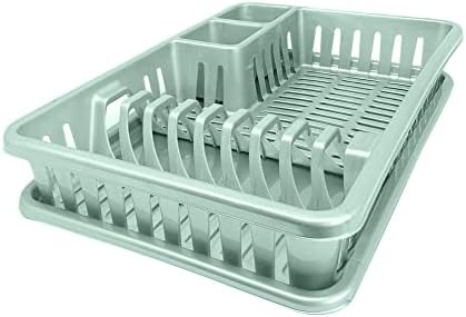 plastific Plastic Dish Drainer Plate Cutlery Rack Kitchen Sink Utensil Draining Cup Holder Plastic Dish Drainer Rack and Plastic Sink Drainer Tray (45 x 29.7 x 8cm, Mint Green)