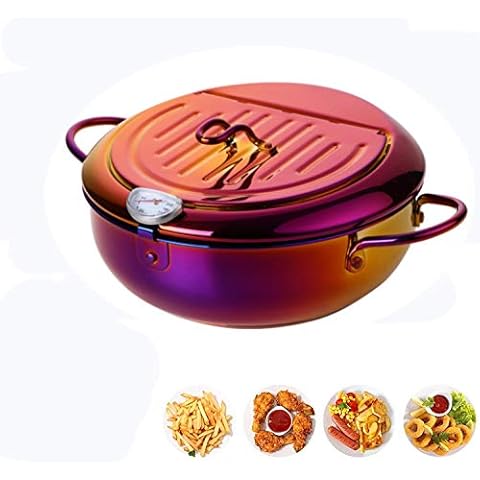QIBOORUN Stainless Steel Deep Fryers Tempura Frying Pot With Thermometer Oil Fryer Chicken Wings, French Fries Dust-Proof Lid and Oil Drip Rack for Kitchen Cookingil Drip Rack for Kitchen Cooking-Red Cover