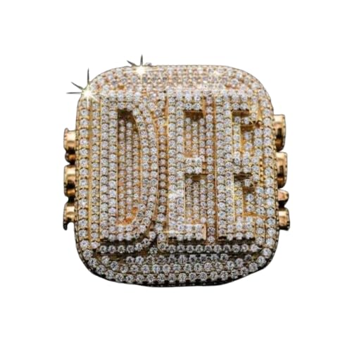 SilverDia Iced Out Diamond Custom Number Letters Large Square Championship Style Hip Hop Ring For Men 14K Yellow Gold Plated 925 Sterling Silver Handmade Big Men’s Statement Rapper Ring Birthday Gift For Him