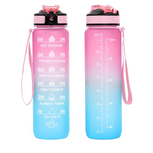 32 oz Water Bottles with Times to Drink and Straw, Motivational Water Bottle with Time Marker, Leakproof & BPA Free, Drinking Sports Water Bottle WIth Hand Strap for Fitness, Gym & Outdoor (pink-1)