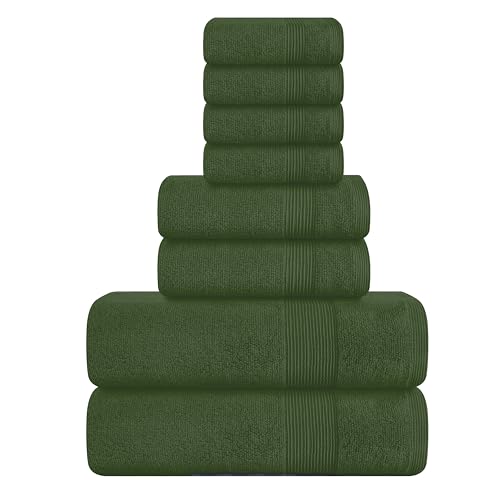 Elvana Home 8 Piece Towel Set 100% Ring Spun Cotton, 2 Bath Towels 27x54, 2 Hand Towels 16x28 and 4 Washcloths 13x13 - Ultra Soft Highly Absorbent Machine Washable Hotel Spa Quality - Olive Green
