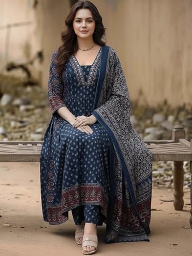 Image of ASSUME FAB Women's Blue Viscose Ajrakh Print Anarkali Kurta with Pant & Dupatta Set | Ethnic V-Neck Flared Salwar Suit for Wedding