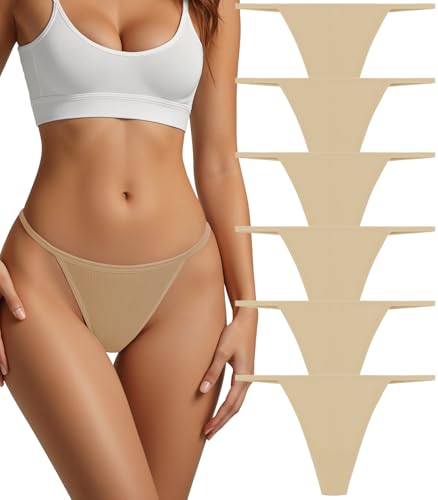 PNQUNZ Cotton Thongs for Women G-String Breathable Underwear Low Rise T-back Panties Comfortable Stretch 6 Pack (US, Alpha, X-Small, Regular, Regular, C-6 Pack Nude Color)