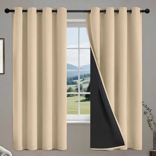Image of COSVIYA 100% Beige Blackout Curtains for Kids Room 63 Inches Length | Room Darkening Light Blocking Drapes for Bedroom, Grommet Thermal Insulated Window Panels with Black Liner, W52xL63,2 Panels