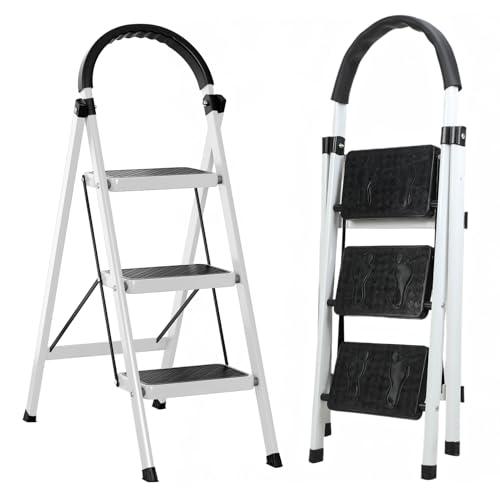 Image of 3 Step Ladder, 35.43'' High Small Step Ladder with Safety Handrail and Anti-slip Planform, Lightweight Folding Sturdy Ladder For Home, Office and DIY Projects 330LBS Capacity (White)