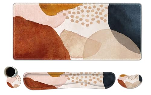ToLuLu Extended Gaming Mouse Pad, Memory Foam Ergonomic Keyboard Mouse Wrist Rest Support Set, Large Desk Mat with Stitched Edges, Non-Slip Base Mousepad for Home Office and Game, Brown Boho Art