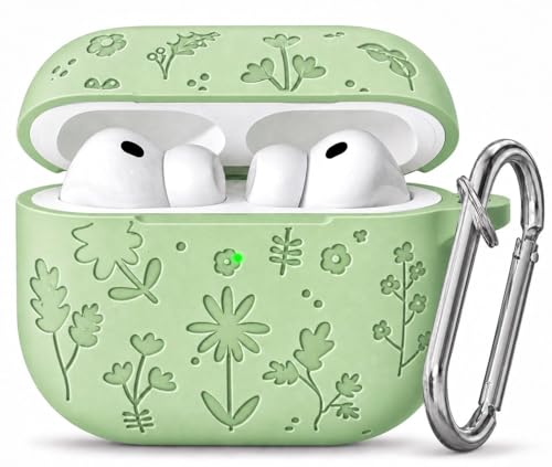 Image of Emoh Roced Case for Airpods Pro 3,Silicone Flower Engraved Cases Compatible with Apple AirPods Pro 3rd Generation 2025, Shockproof, Anti-Scratch, Protective Case Cover (Mint Green, for AirPods pro 3)