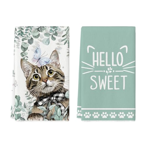 Artoid Mode Eucalyptus Leaves Cat Hello Sweet Kitchen Towels Dish Towels, 18x26 Inch Buffalo Plaid Bow Tie Holiday Decoration Hand Towels Set of 2