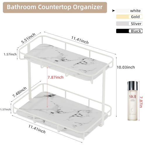 Bathroom Organizer Countertop Perfume Organizer Makeup Organizer Cosmetics Storage Display Rack Vanity Tray Dresser Stainless Steel Gold Shelf White Marble Ceramic Tray (2 Tier L-Cream)