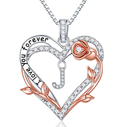 Iefil Rose Heart Initial Necklace for Women, Rose Heart Initial J Letter Necklace Jewelry Anniversary Birthday Gifts for Women Mom Wife Romantic Gifts Bridesmaid Gifts 925 Sterling Silver