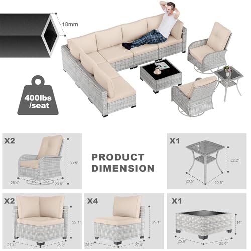 Image of Outdoor PE Wicker Rattan Modular Patio Sectional Sofa Set | 10-Piece: 6 Modular Seats, Coffee Table, 2 Swivel Rocking Chairs & Side Table, Khaki