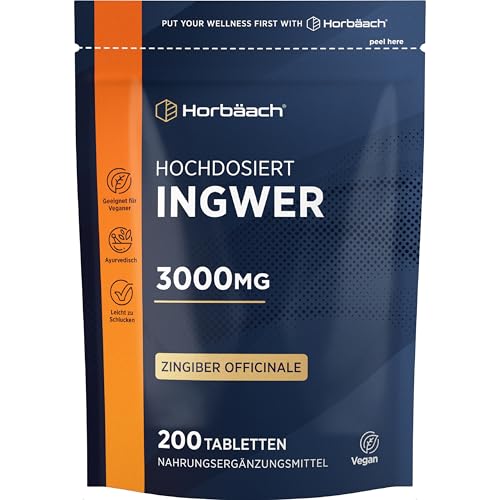 Ingwer Tabletten 3000mg Tagesdosis | 1000mg Zingiber Officinale pro Stück | Ingwerwurzel extrakt | 200 Vegane Stück | Ginger Root | von Horbaach