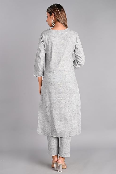Image of Leaf Embroidered 3 /4 Sleeve Cotton Kurti Pant Set with Dupatta for Women
