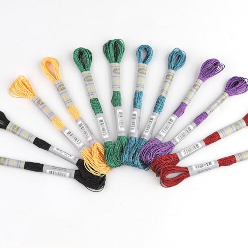 Image of 24 Skeins Set (6 Colors*4 Skeins) Metallic Embroidery Floss Glittery Metal Effect Shinny Cross Stitch Thread for Hand Embroidery, Sewing and DIY Handmade Artwork (Multicolored)