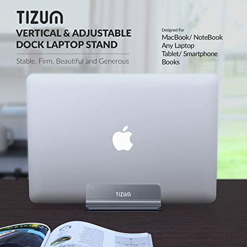 Image of Tizum Vertical Laptop Stand for Desk with Adjustable Dock Width, Size & Space Saver Sturdy Desktop Laptop Holder with Anti Slip Silicone Mat, for All Laptops, Notebook, MacBook, Tablets, iPads, Grey
