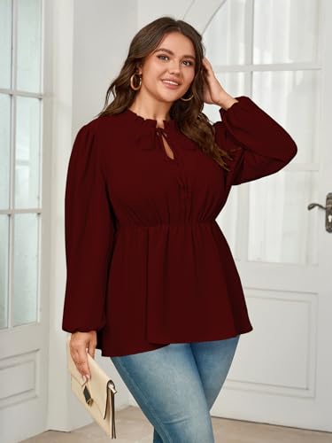 Womens Plus Size Blouse Tops Long Sleeve Tie Front Work Tops Dressy Casual Flowy Ruffle Peplum Tops for Women4