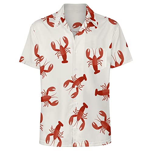 Delerain Red Lobsters Crawfish Shirt for Men Retro Big and Tall Button Down Shirts Casual Aloha Short Sleeve Shirts