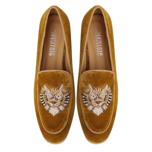 Image of Embroidered Loafers for Women Round Toe Chunky Heel Velvet Flats with Lion Head Pattern Wide Width Dress Casual Shoes