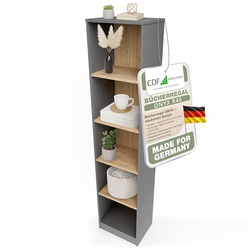 CDF Bücherregal Regal Standregal Büroregal für Ordner - Büro Wohnzimmer Homeoffice Bücherschrank zur Aufbewahrung Dokumenten Dekoration Robuste Konstruktion - Anthrazit/Eiche Artisan 40cm